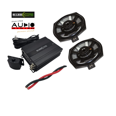 Pachet 2 subwoofere Audio System dedicate pentru BMW E/F/G, cu amplificator 1 canale de la BassCore si cablu de alimentare de 5 metri.