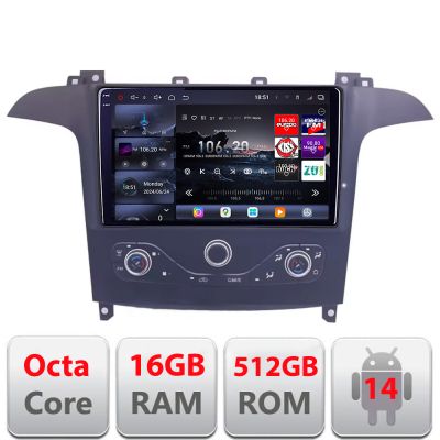 Navigatie Ford S-max 2006-2014 Qled 2K Octa Core 16+512GB LTE 4G DSP Wifi 5Ghz android auto carplay radio gps internet KIT-smax-navi+EDT-E809-2K